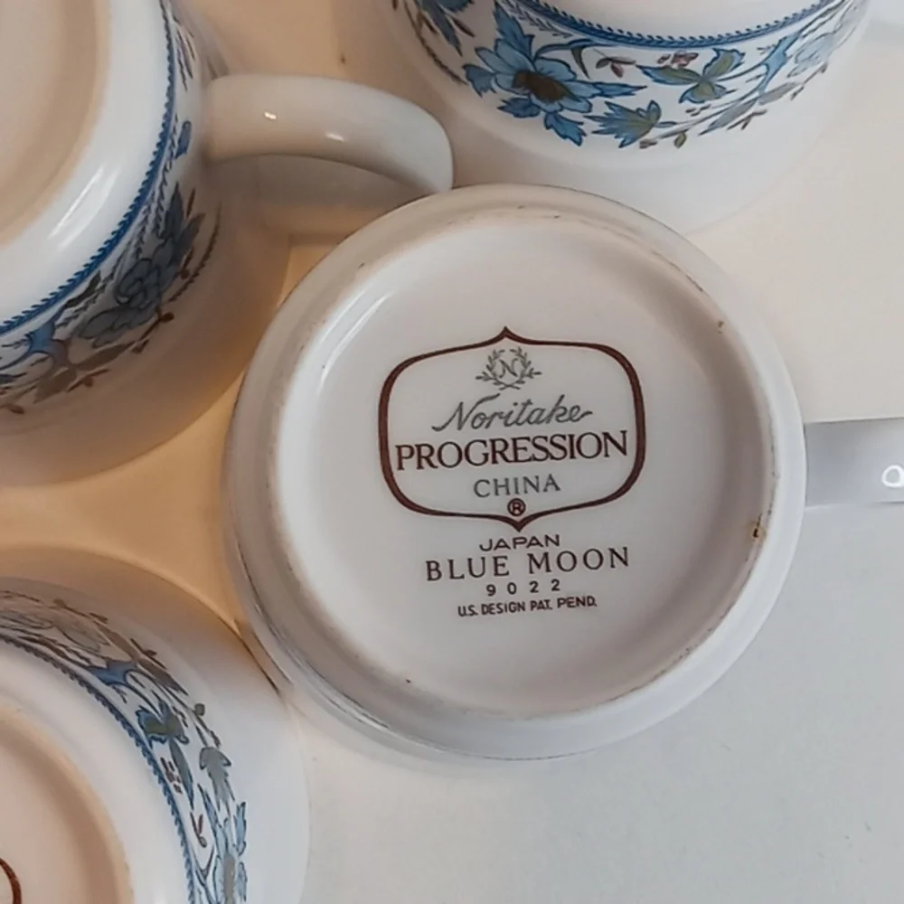Vintage Noritake Blue Moon Pattern Porcelain Coffee Mugs / Tea Cups Set Of 8